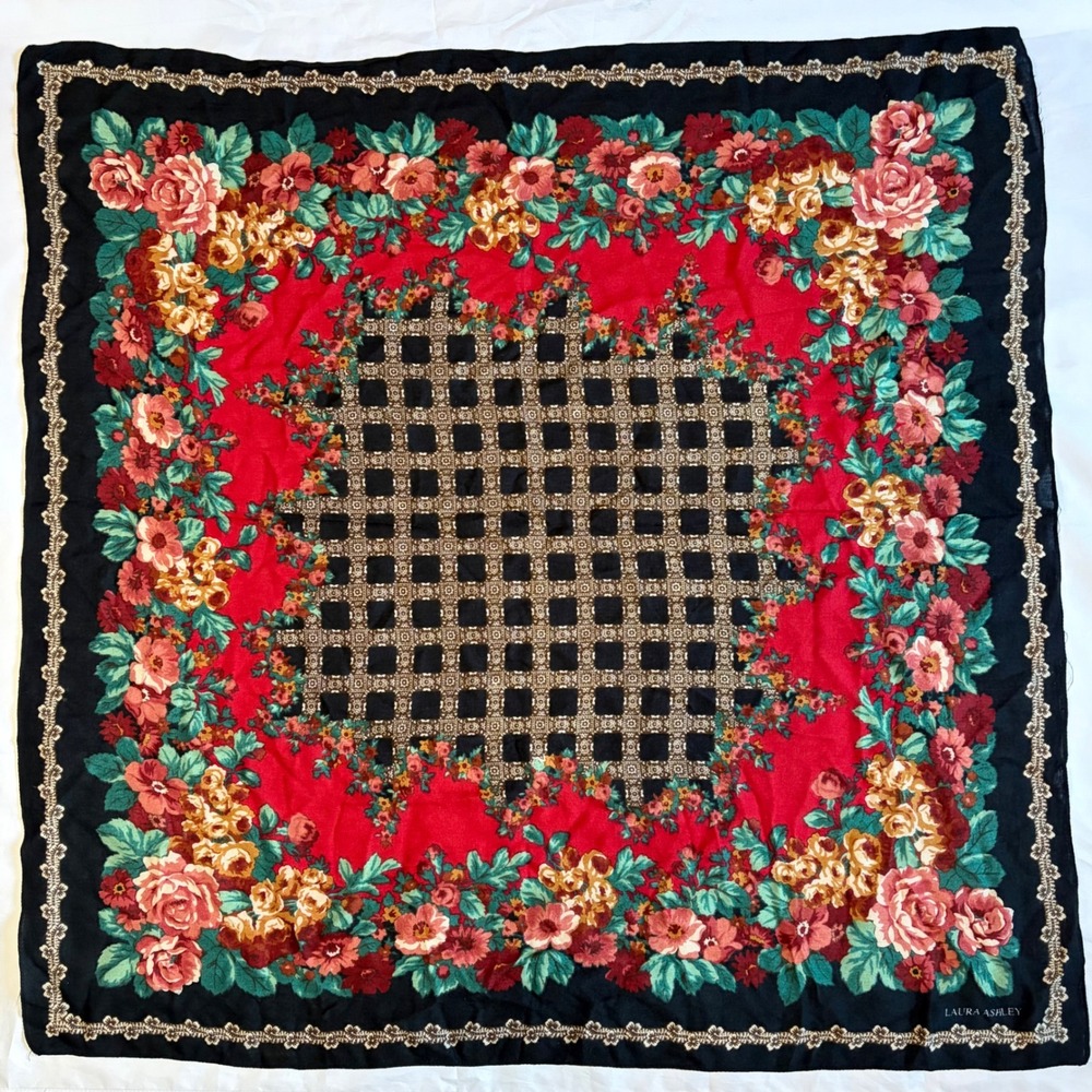 Vintage Laura Ashley‎ Silk Floral Scarf Black Red Rose Square Whimsigoth 32x32